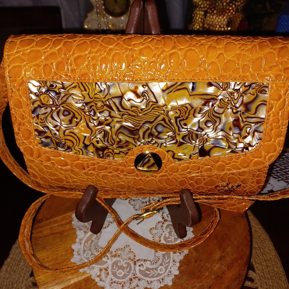 Vintage See Sharp Faux Tortoise Shell Pattern Brown/Mustard Yellow/Tan Purse - Picture 16 of 17